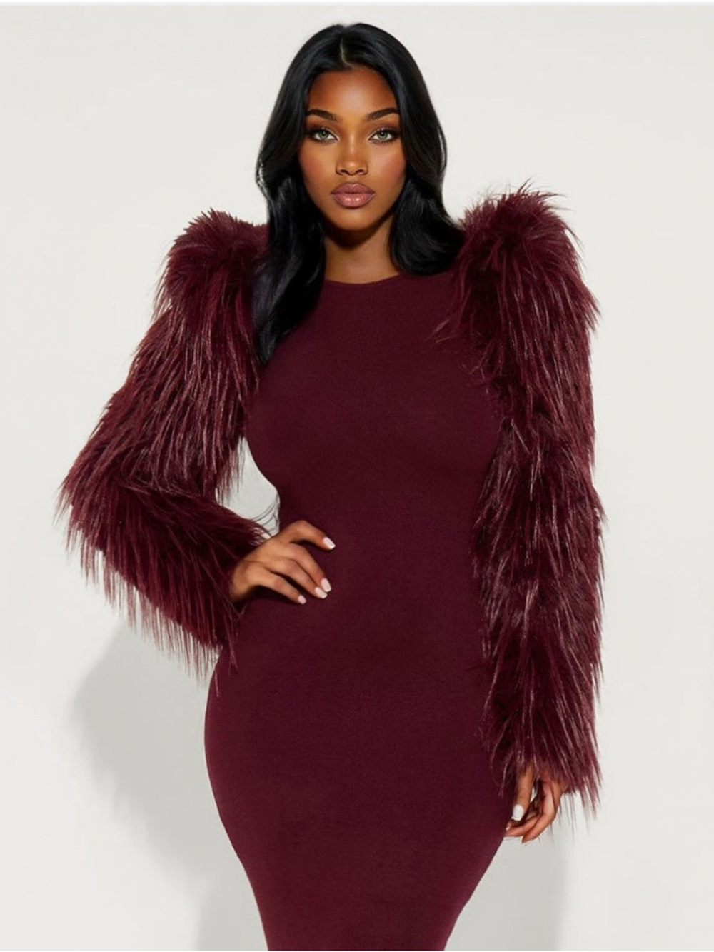 SHORTENED Fashion Nova Diva Long Sleeve Dress with Fur Sleeves Size M